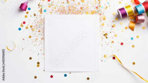 White blank paper greeting card with new year and Christmas decorations, holidays festive mock up comeliness photo