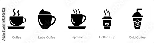 A set of 5 Coffee icons as coffee, latte coffee, espresso