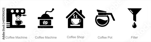 A set of 5 Coffee icons as coffee machine, coffee shop, coffee pot