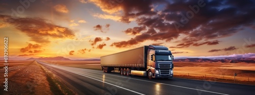 Truck driving on the asphalt road in rural landscape at sunset with dark clouds. wide panorama