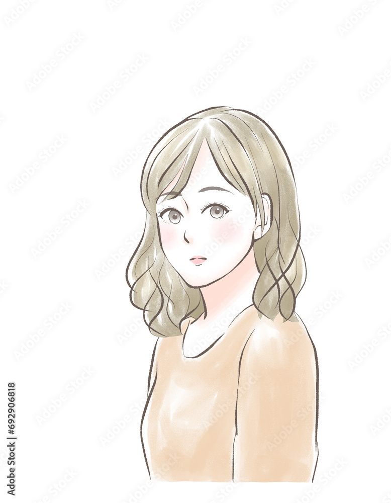 こちらを見て照れる女性 こちらを見て照れる女性