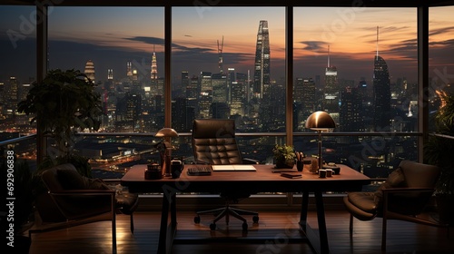 esk at night with a window view of skyline, in the style of grandeur of scale, cinematic stills