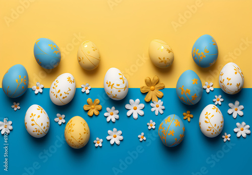 Yellow and blue easter background with painted and decorated eggs