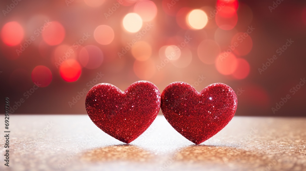 Two adorable hearts, in red stand out beautifully against a blurry bokeh background of pink hues. This image exudes love and warmth Two adorable hearts, in red stand out beautifully against a blurry bokeh background of pink hues. This image exudes love and warmth