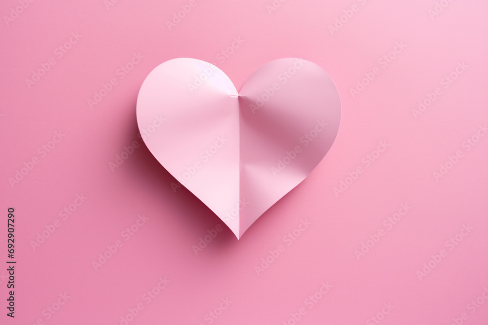 Pink heart in cut paper style on pink background. Concept of love, congratulations. Generated by artificial intelligence