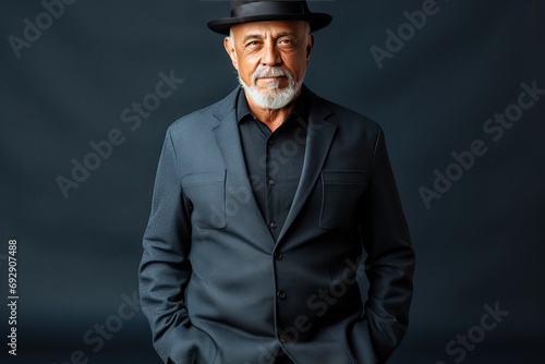 hat black wearing man senior Cool accessory adult african american apparel beard bearded blue shirt casual attire clothing confident elderly fashion fedora full body gentleman grandfather grey