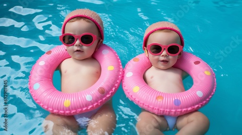 Two month old twin baby sister and brother sleeping on tiny, inflatable, pink and blue swim rings. They are wearing crocheted swimsuits and sunglasses