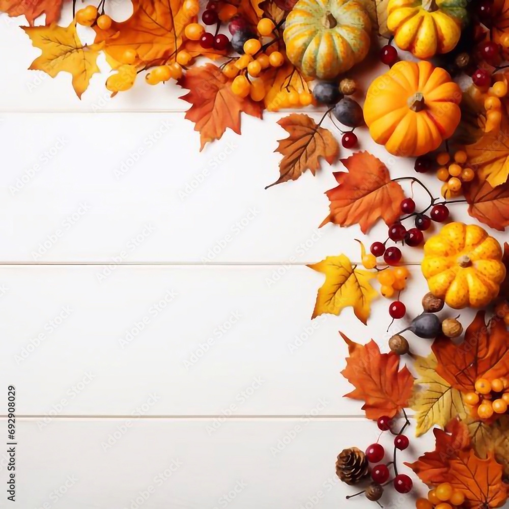 Festive autumn decor from pumpkins, berries and leaves on a white wooden background. Concept of Thanksgiving day or Halloween. Flat lay autumn composition with copy space 