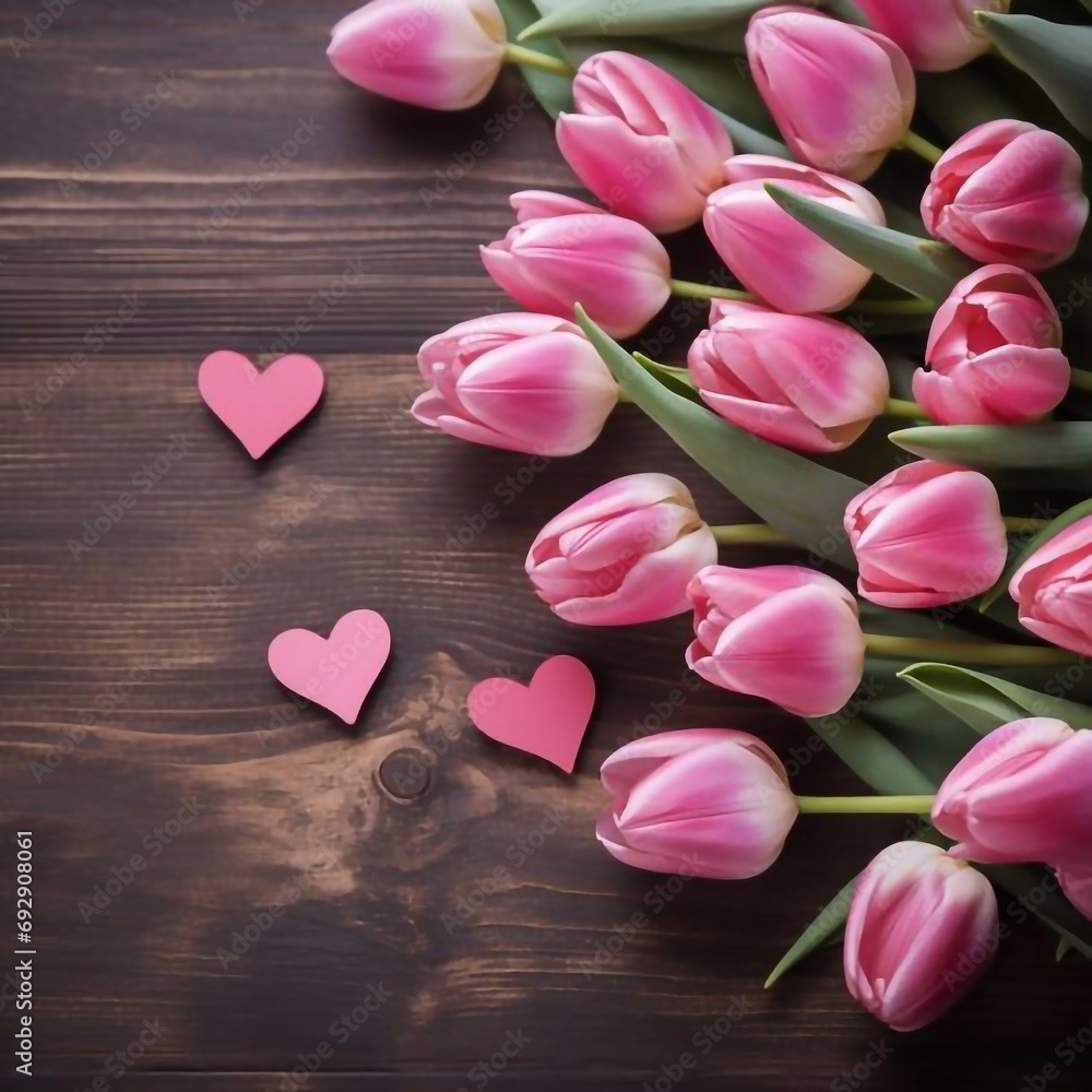 Heart from Pink Tulips Flowers on rustic table for March 8, International Womens Day, Birthday , Valentines Day or Mothers day - Closeup Heart from Pink Tulips Flowers on rustic table for March 8, International Womens Day, Birthday , Valentines Day or Mothers day - Closeup