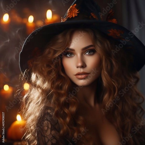 Halloween Witch girl portrait. Beautiful young woman in witches hat with long curly red hair and bright lips. Over spooky dark magic forest background. Wide Halloween party art design © Ирина Курмаева