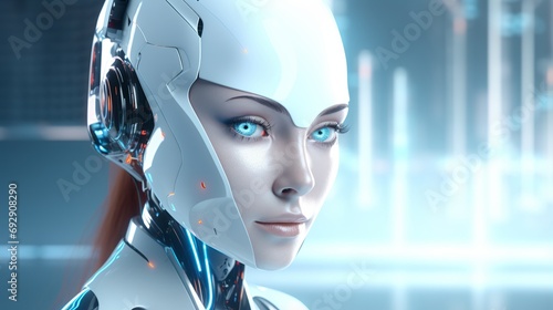 Futuristic Humanoid Robot Face Close-Up: Modern Tech, Chatbot Assistance, Auto Conversation - Future AI Technology Concept with Copy Space