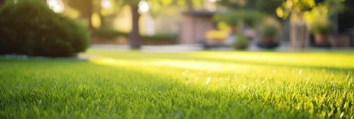 close up of green grass with blurred garden background