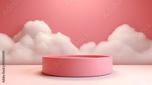 Pink cylinder empty podium with cloud mockup