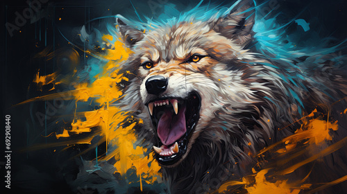Vibrant wolf, expressive painting, wild and colorful. Energetic, nature-inspired art for decor, prints and creative expressions. On a dynamic canvas with a touch of untamed beauty. © StevensBot/Peopleimages - AI