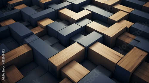 Intricate Labyrinth of Wooden and Navy Blocks Creating a Complex, Abstract Three-Dimensional Maze