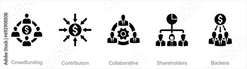 A set of 5 Crowdfunding icons as crowdfunding, contribution, collaborative