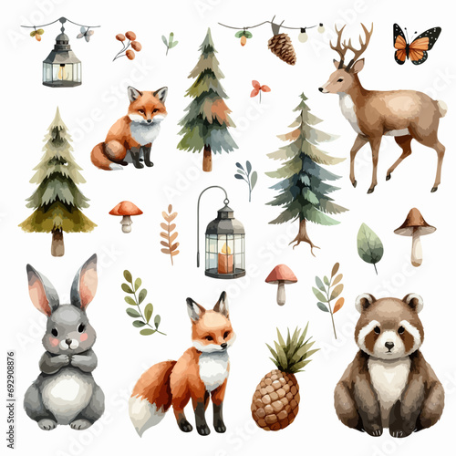 Set of Wild watercolor forest animals. Sticker with woodland wild animals, green trees, berries and plants. Bear, fox, bear, deer, squirrel, owl, hare, hedgehog.