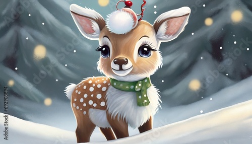 Small Christmas deer as a toy, baby, on a white background with snow