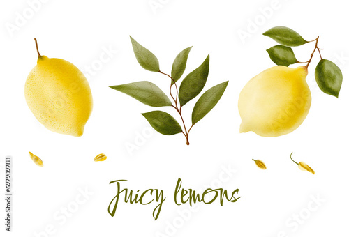Watercolor illustration of yellow lemons on a branch. Vegetables, fruits, kitchen, cooking, eating, drinking tea, gardening designs.