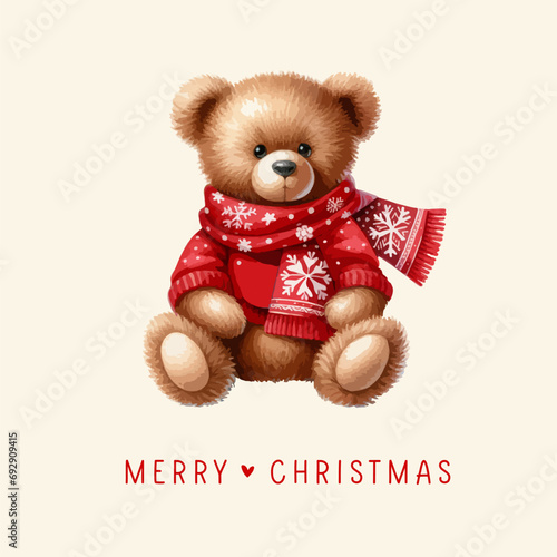 Plush toy teddy bear sits with a christmas red scarf and sweater. Watercolor illustration.