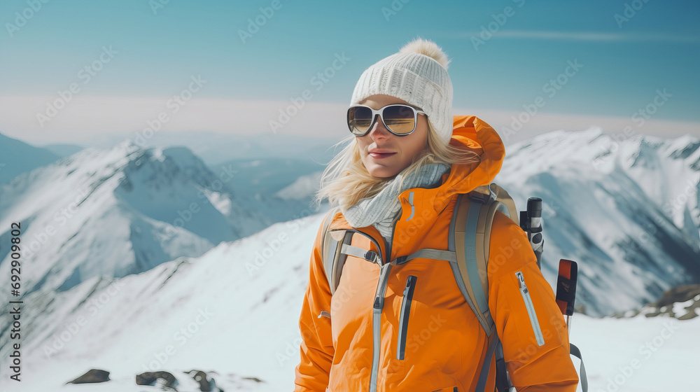 Generative AI image of a blond tall Russian woman, skiing on a mountain
