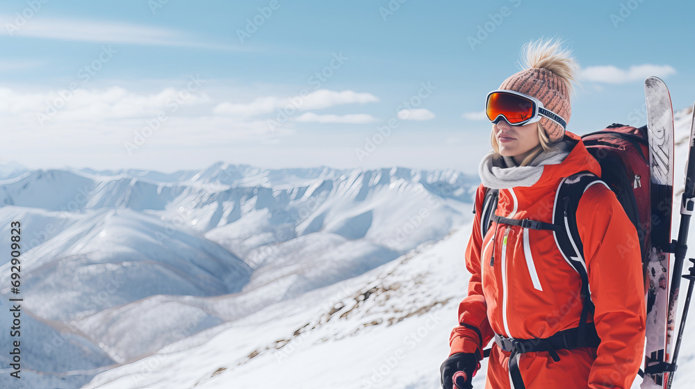Generative AI image of a blond tall Russian woman, skiing on a mountain