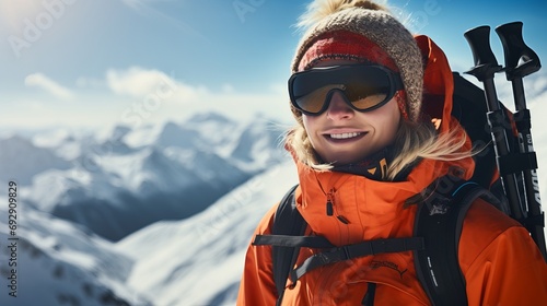 Generative AI image of a blond tall Russian woman, skiing on a mountain © Eitan Baron