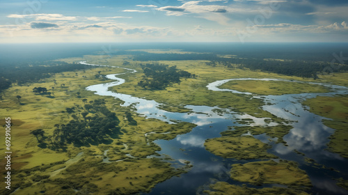 Aerial view of the Okavango Delta: Intricate network of waterways and lush green islands.