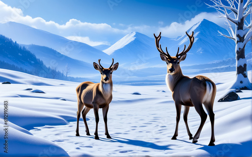 Northern deer. Winter mountain landscape. AI © IM_VISUAL_ARTIST