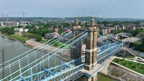 Bridge connecting Cincinnati, Ohio and Covington, Kentucky over Ohio River. Aerial rising shot of KY side. photo