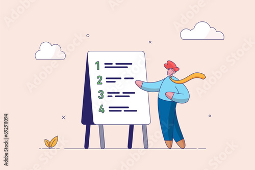 Business outline to step by step. Procedure and workflow, planning process or sequence to finish project, standard or company policy, businessman leader present workflow and procedure in meeting.