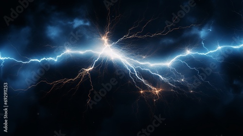 Dynamic Lightning Rays: Electrifying Energy Charge and Thunder in Dramatic Black Background - AI Generative Image