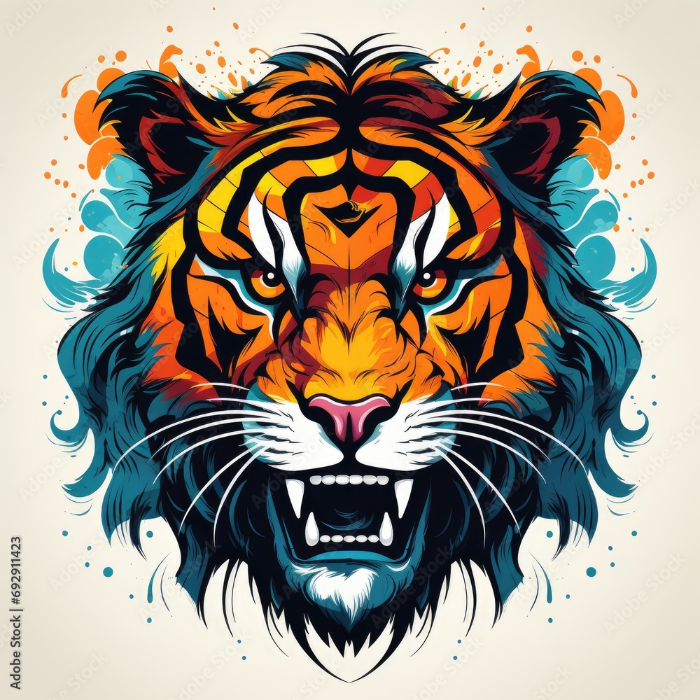 Obraz premium Tiger's Gaze: Vibrant Illustration of a Roaring Tiger