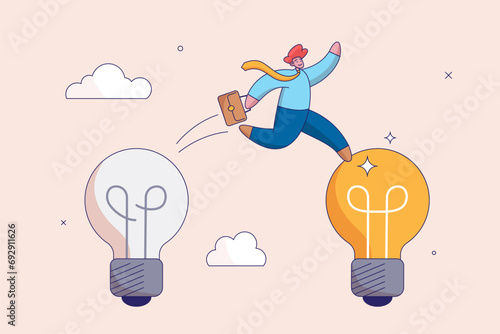 Business transformation concept. Change management or transition to better innovative company, improvement and adaptation to new normal, smart businessman jump from old to new shiny lightbulb idea.