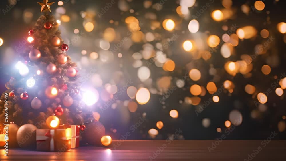 Happy New Year Christmas tree decorates with red glass ball on branch snow on background bokeh of side flickering light bulbs garlands for family winter holiday. Festival mood. Noel sparkling Happy New Year Christmas tree decorates with red glass ball on branch snow on background bokeh of side flickering light bulbs garlands for family winter holiday. Festival mood. Noel sparkling