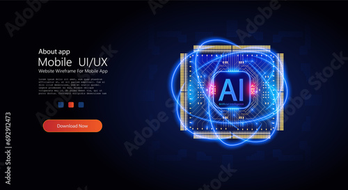 Advanced Artificial Intelligence and Machine Learning Concept with Glowing Neural Network. Artificial intelligence circuit line style. Processors CPU.