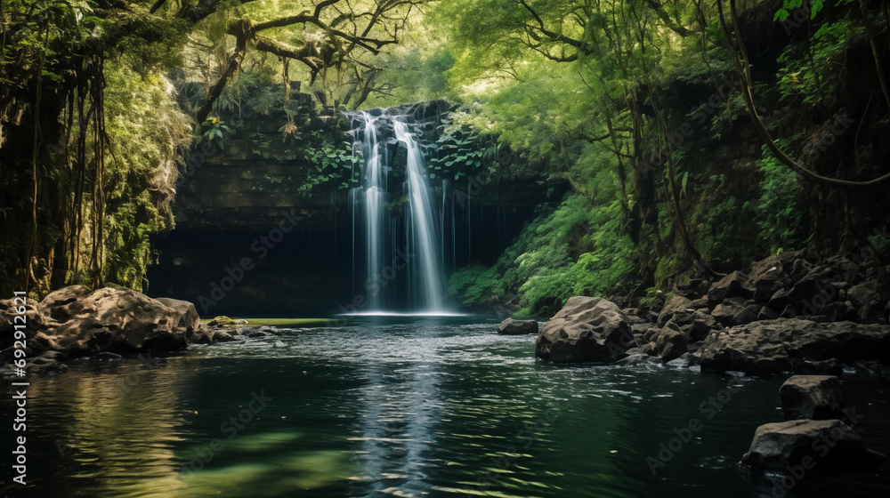 Obraz premium Gorongosa National Park Waterfalls: Hidden waterfalls of Gorongosa National Park in Mozambique, surrounded by lush rainforest.