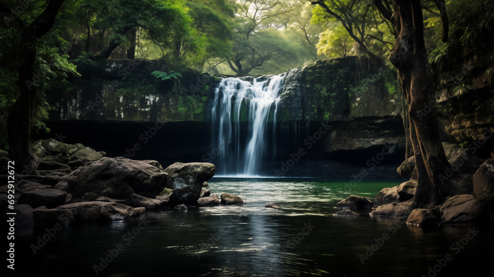 Fototapeta premium Gorongosa National Park Waterfalls: Hidden waterfalls of Gorongosa National Park in Mozambique, surrounded by lush rainforest.