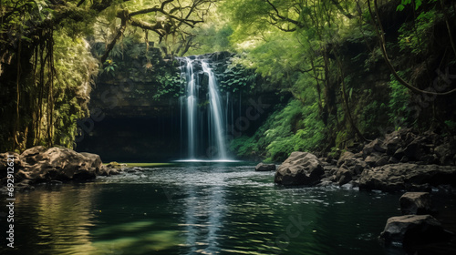 Gorongosa National Park Waterfalls:
Hidden waterfalls of Gorongosa National Park in Mozambique, surrounded by lush rainforest. photo