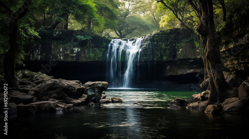 Gorongosa National Park Waterfalls: Hidden waterfalls of Gorongosa National Park in Mozambique, surrounded by lush rainforest.