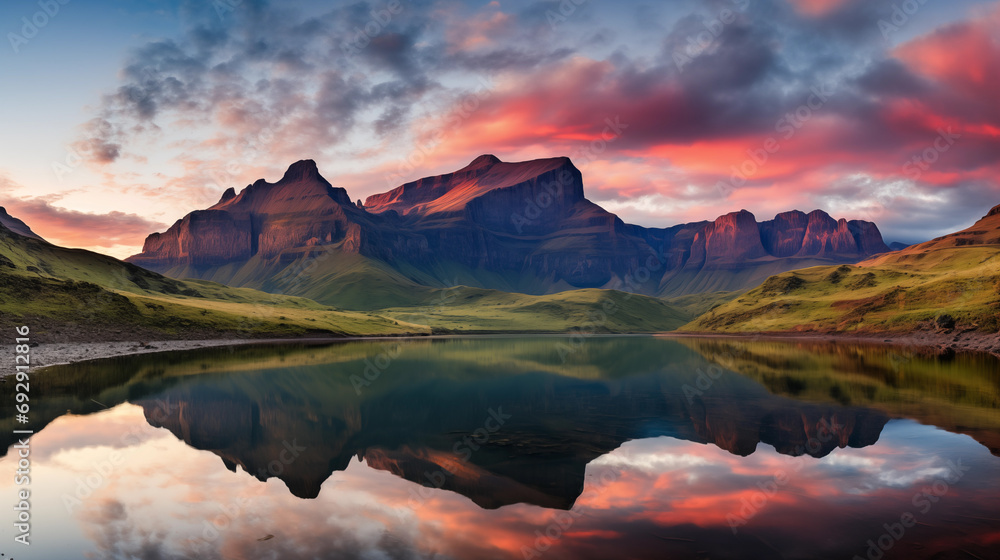 Drakensberg Mountain Reflections:
Reflective surfaces of crystal-clear mountain lakes in the Drakensberg Mountains. Majestic peaks surround the serene waters.