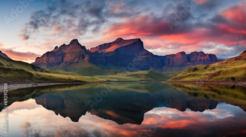 Drakensberg Mountain Reflections: Reflective surfaces of crystal-clear mountain lakes in the Drakensberg Mountains. Majestic peaks surround the serene waters. © Joseph