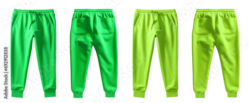 2 Set of dark light green lime, front back view sweatpants jogger sports trousers bottom pants on transparent background, PNG file. Mockup template for artwork design photo
