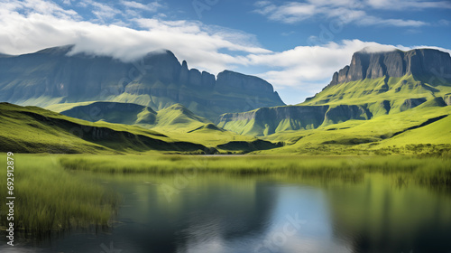 Drakensberg Mountain Reflections: Reflective surfaces of crystal-clear mountain lakes in the Drakensberg Mountains. Majestic peaks surround the serene waters.