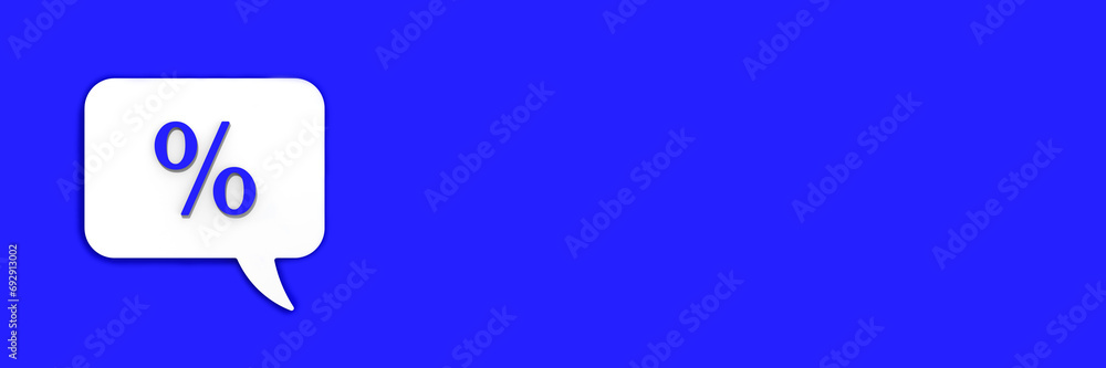 Blue percent sign on white message board. Interest withdrawal signal. Discount notifications. Message on a blue background. Horizontal image. 3D image. 3D rendering. Banner for insertion into site. Blue percent sign on white message board. Interest withdrawal signal. Discount notifications. Message on a blue background. Horizontal image. 3D image. 3D rendering. Banner for insertion into site.