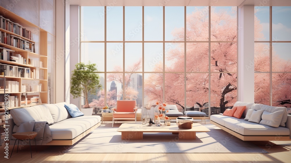Contemporary Living Room with Sunlit Window, Enhanced by AI Artistry