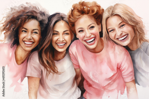 Group  diverse women and watercolour portrait illustration on a white background for cancer  health awareness and support. Happy  beautiful and colourful sketch for creative poster and card design