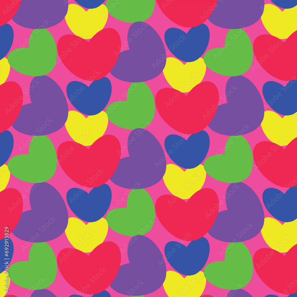 Background with hearts of bright colors. Seamless pattern of creative bright hearts. Valentine's Day, Wedding.