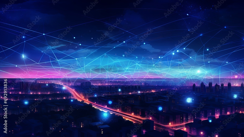 Urban Nightscape: Digital Cityscape Illustration with Tech Connection Lines, Communication Concept - Generative AI Art for Banner, Poster, Cover, Presentation