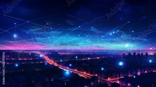 Urban Nightscape  Digital Cityscape Illustration with Tech Connection Lines  Communication Concept - Generative AI Art for Banner  Poster  Cover  Presentation